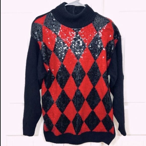 Vintage 90’s Sweater Black Red Argyle Sequin Wool Angora Silk Turtle Neck Size M - Picture 15 of 15